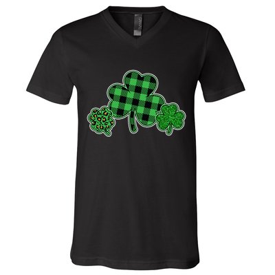 Cute St Patrick's Day Plaid Leopard Print Shamrocks Clovers V-Neck T-Shirt