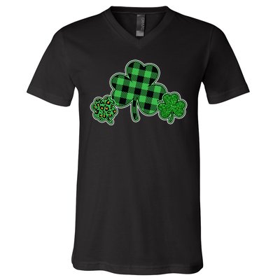 Cute St Patrick's Day Plaid Leopard Print Shamrocks Clovers V-Neck T-Shirt