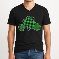Cute St Patrick's Day Plaid Leopard Print Shamrocks Clovers V-Neck T-Shirt