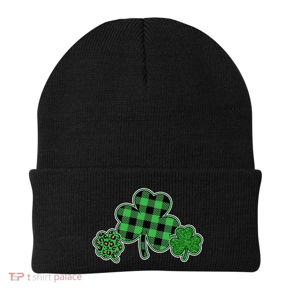Cute St Patrick's Day Plaid Leopard Print Shamrocks Clovers Beanie
