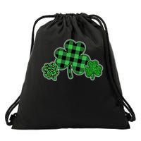 Cute St Patrick's Day Plaid Leopard Print Shamrocks Clovers Drawstring Bag