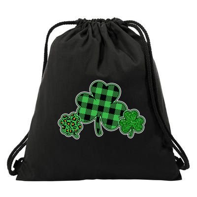 Cute St Patrick's Day Plaid Leopard Print Shamrocks Clovers Drawstring Bag