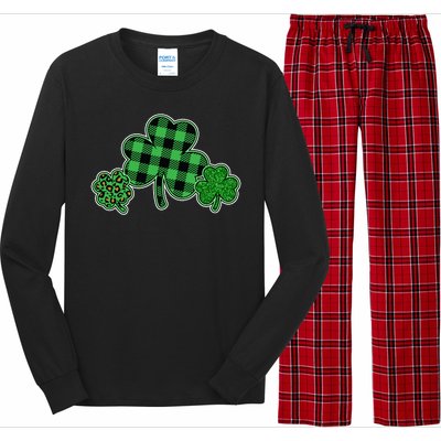 Cute St Patrick's Day Plaid Leopard Print Shamrocks Clovers Long Sleeve Pajama Set