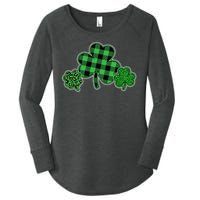 Cute St Patrick's Day Plaid Leopard Print Shamrocks Clovers Women's Perfect Tri Tunic Long Sleeve Shirt