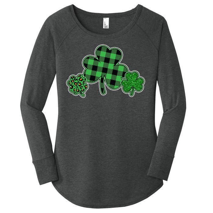 Cute St Patrick's Day Plaid Leopard Print Shamrocks Clovers Women's Perfect Tri Tunic Long Sleeve Shirt