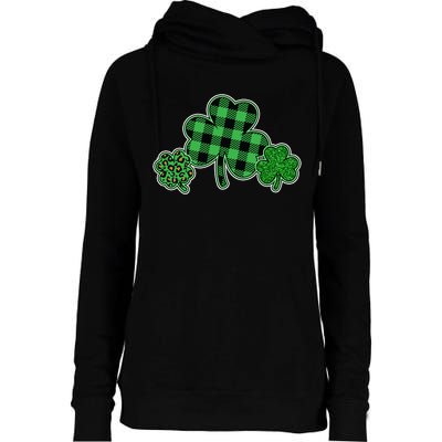Cute St Patrick's Day Plaid Leopard Print Shamrocks Clovers Womens Funnel Neck Pullover Hood