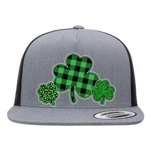 Cute St Patrick's Day Plaid Leopard Print Shamrocks Clovers Flat Bill Trucker Hat