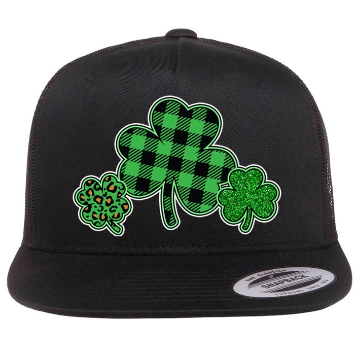 Cute St Patrick's Day Plaid Leopard Print Shamrocks Clovers Flat Bill Trucker Hat