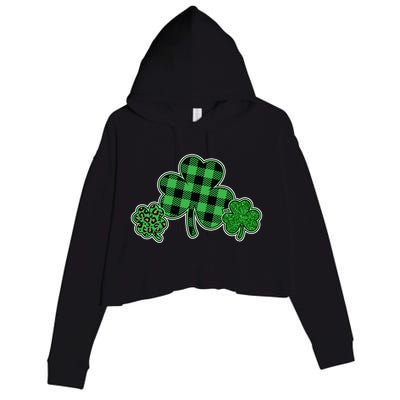 Cute St Patrick's Day Plaid Leopard Print Shamrocks Clovers Crop Fleece Hoodie