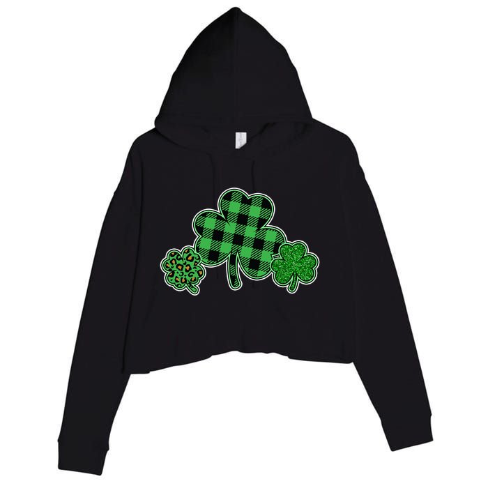 Cute St Patrick's Day Plaid Leopard Print Shamrocks Clovers Crop Fleece Hoodie