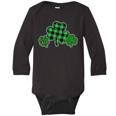 Cute St Patrick's Day Plaid Leopard Print Shamrocks Clovers Baby Long Sleeve Bodysuit