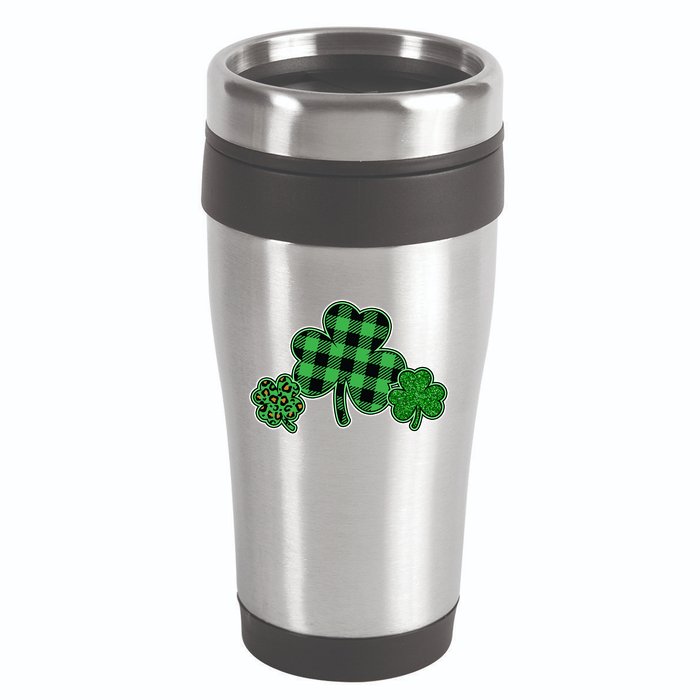 Cute St Patrick's Day Plaid Leopard Print Shamrocks Clovers 16oz Travel Tumbler