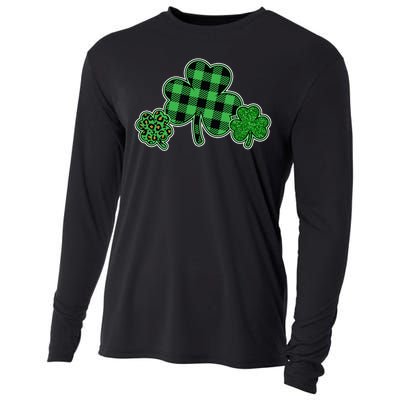 Cute St Patrick's Day Plaid Leopard Print Shamrocks Clovers Cooling Performance Long Sleeve Crew