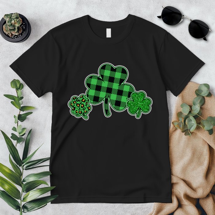 Cute St Patrick's Day Plaid Leopard Print Shamrocks Clovers Premium T-Shirt