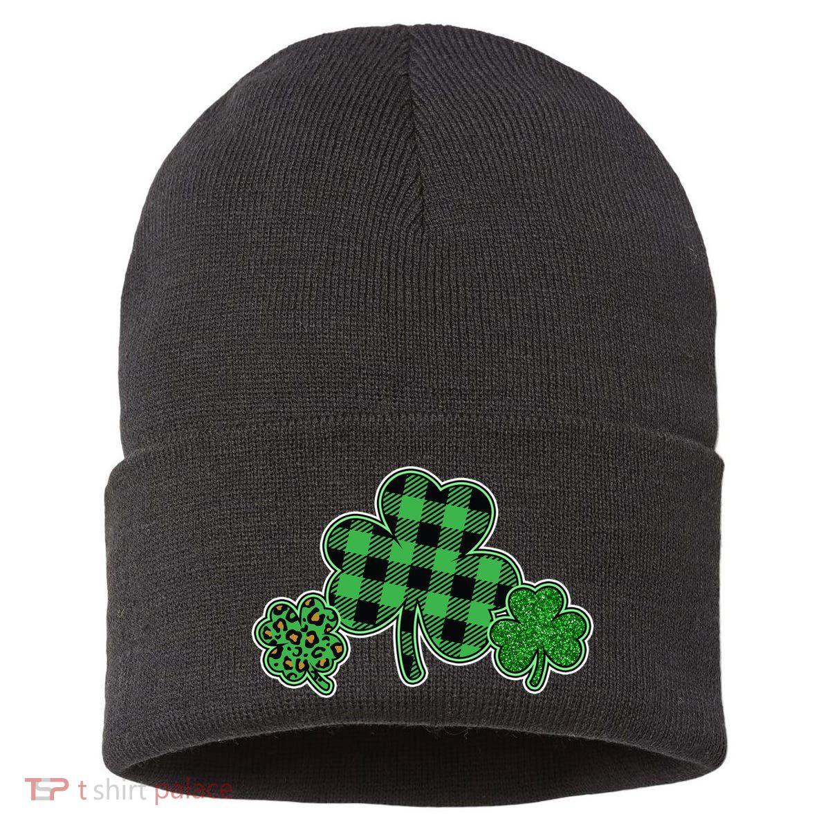 Cute St Patrick's Day Plaid Leopard Print Shamrocks Clovers Sustainable Knit Beanie