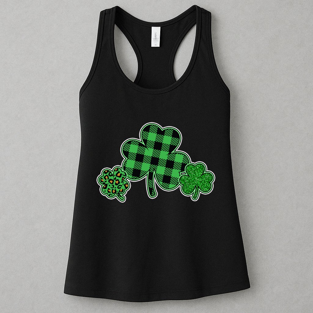 Cute St Patrick's Day Plaid Leopard Print Shamrocks Clovers Womens Tank Top