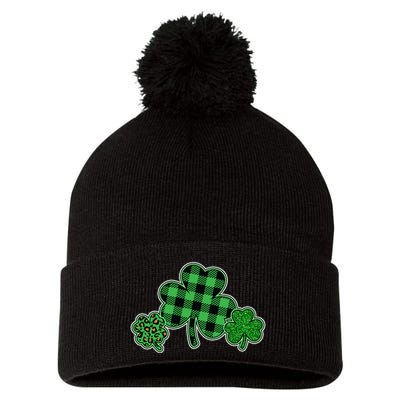 Cute St Patrick's Day Plaid Leopard Print Shamrocks Clovers Pom Pom 12in Knit Beanie