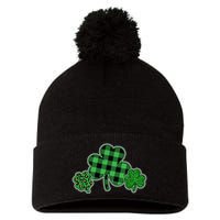 Cute St Patrick's Day Plaid Leopard Print Shamrocks Clovers Pom Pom 12in Knit Beanie