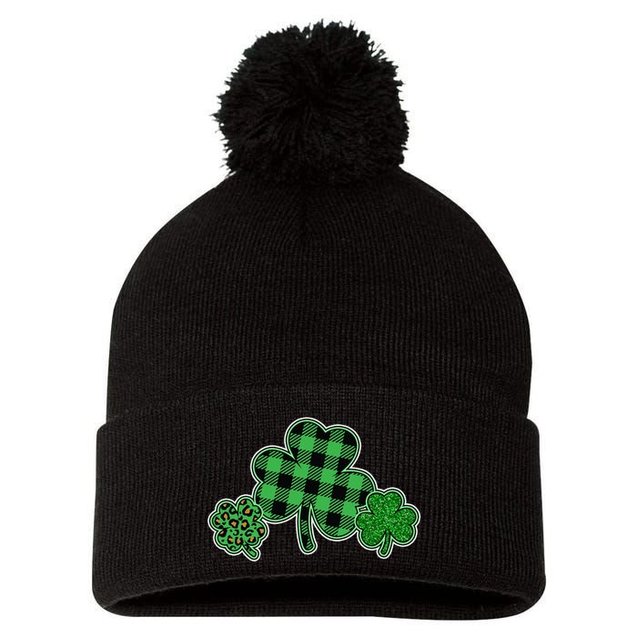 Cute St Patrick's Day Plaid Leopard Print Shamrocks Clovers Pom Pom 12in Knit Beanie