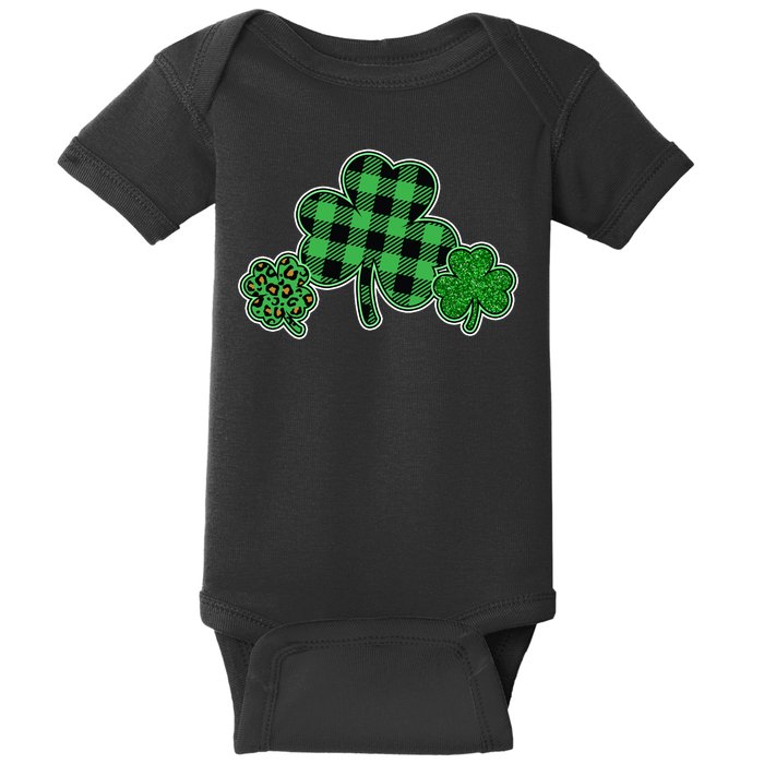 Cute St Patrick's Day Plaid Leopard Print Shamrocks Clovers Baby Bodysuit