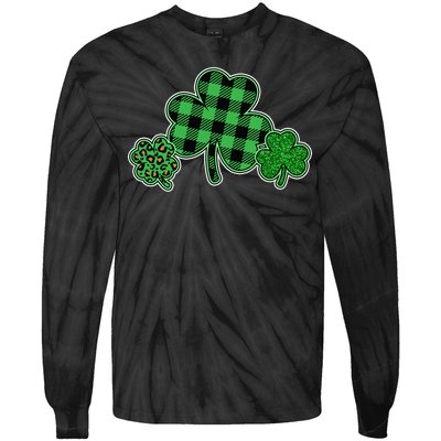 Cute St Patrick's Day Plaid Leopard Print Shamrocks Clovers Tie-Dye Long Sleeve Shirt