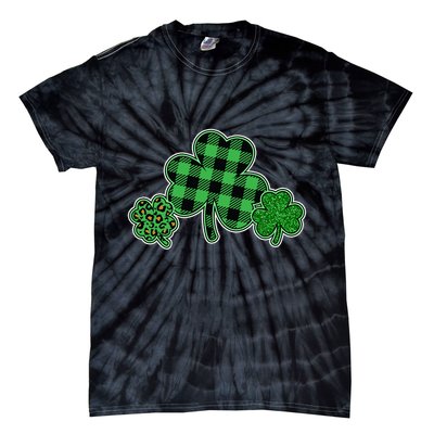 Cute St Patrick's Day Plaid Leopard Print Shamrocks Clovers Tie-Dye T-Shirt