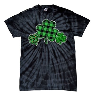 Cute St Patrick's Day Plaid Leopard Print Shamrocks Clovers Tie-Dye T-Shirt