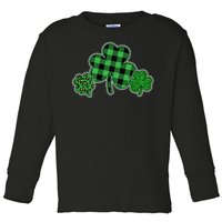 Cute St Patrick's Day Plaid Leopard Print Shamrocks Clovers Toddler Long Sleeve Shirt