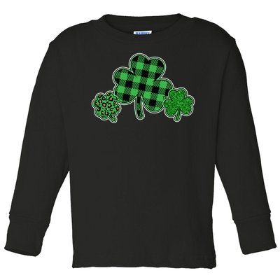 Cute St Patrick's Day Plaid Leopard Print Shamrocks Clovers Toddler Long Sleeve Shirt