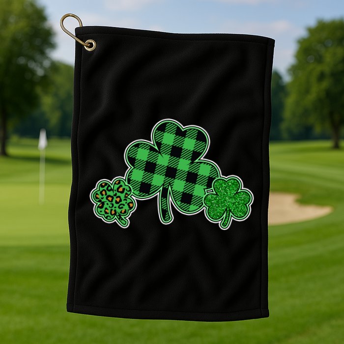 Cute St Patrick's Day Plaid Leopard Print Shamrocks Clovers Golf Towel