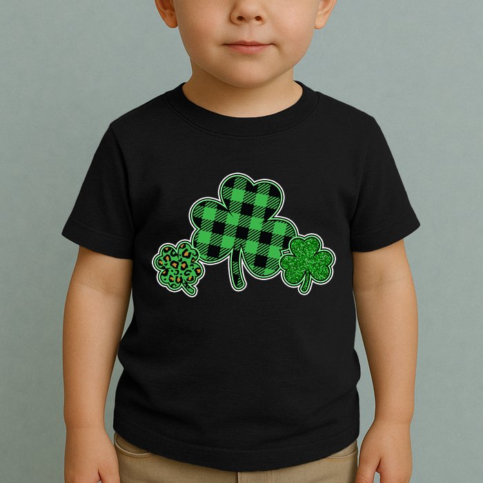 Cute St Patrick's Day Plaid Leopard Print Shamrocks Clovers Toddler T-Shirt