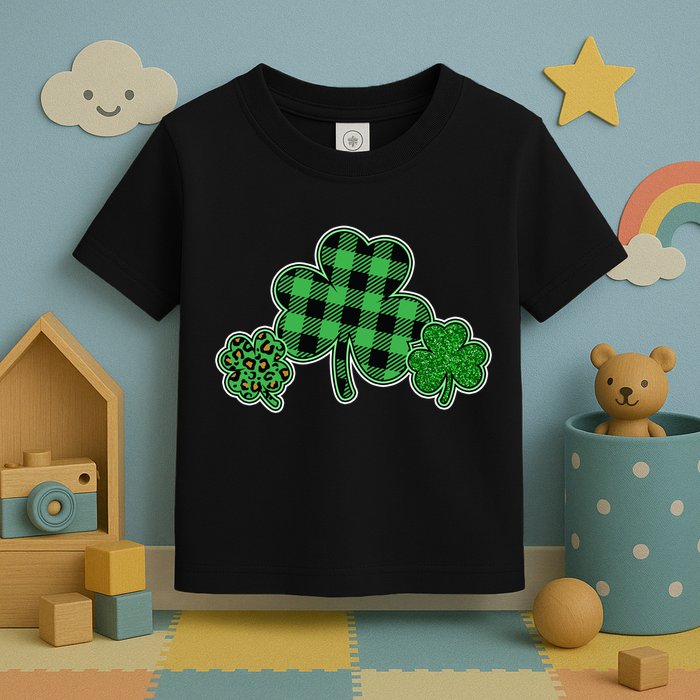 Cute St Patrick's Day Plaid Leopard Print Shamrocks Clovers Toddler T-Shirt