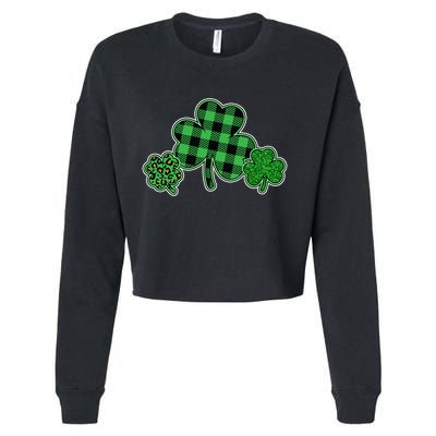 Cute St Patrick's Day Plaid Leopard Print Shamrocks Clovers Cropped Pullover Crew