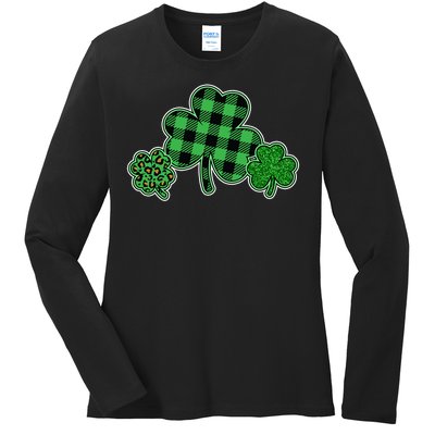 Cute St Patrick's Day Plaid Leopard Print Shamrocks Clovers Ladies Long Sleeve Shirt