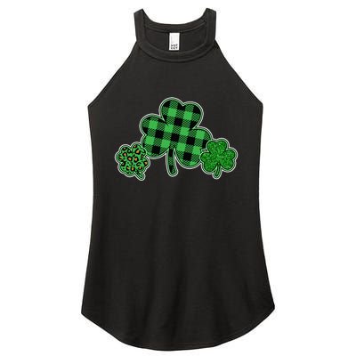 Cute St Patrick's Day Plaid Leopard Print Shamrocks Clovers Women's Perfect Tri Rocker Tank