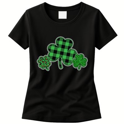 Cute St Patrick's Day Plaid Leopard Print Shamrocks Clovers Womens T-Shirt