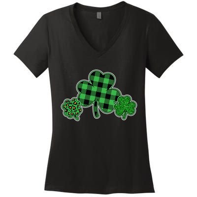 Cute St Patrick's Day Plaid Leopard Print Shamrocks Clovers Women's V-Neck T-Shirt