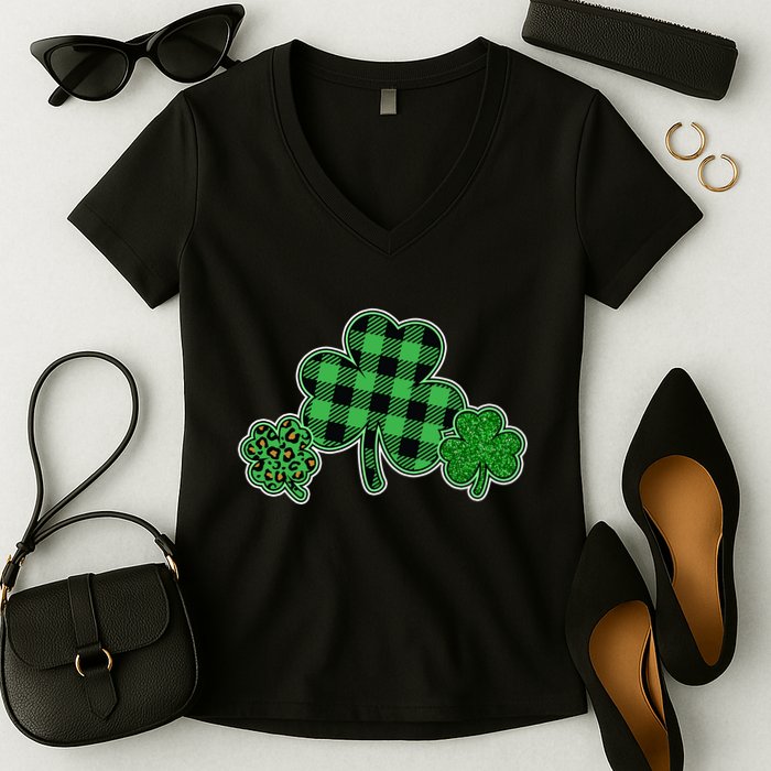 Cute St Patrick's Day Plaid Leopard Print Shamrocks Clovers Women's V-Neck T-Shirt