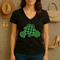 Cute St Patrick's Day Plaid Leopard Print Shamrocks Clovers Women's V-Neck T-Shirt