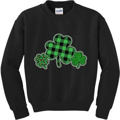 Cute St Patrick's Day Plaid Leopard Print Shamrocks Clovers Kids Sweatshirt
