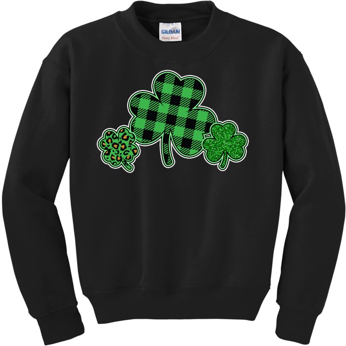 Cute St Patrick's Day Plaid Leopard Print Shamrocks Clovers Kids Sweatshirt