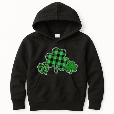 Cute St Patrick's Day Plaid Leopard Print Shamrocks Clovers Kids Hoodie
