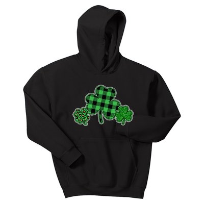 Cute St Patrick's Day Plaid Leopard Print Shamrocks Clovers Kids Hoodie