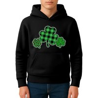 Cute St Patrick's Day Plaid Leopard Print Shamrocks Clovers Kids Hoodie