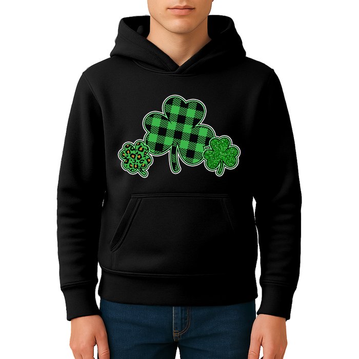 Cute St Patrick's Day Plaid Leopard Print Shamrocks Clovers Kids Hoodie