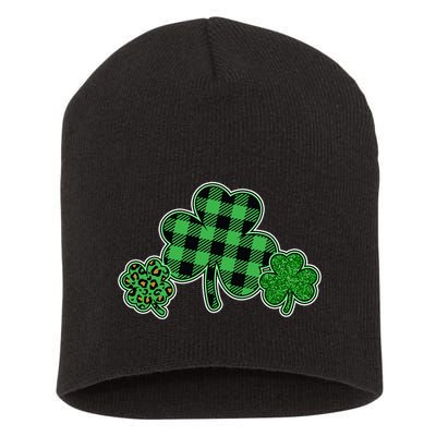 Cute St Patrick's Day Plaid Leopard Print Shamrocks Clovers Short Acrylic Beanie