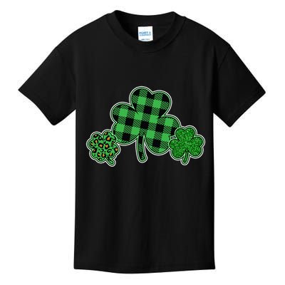 Cute St Patrick's Day Plaid Leopard Print Shamrocks Clovers Kids T-Shirt