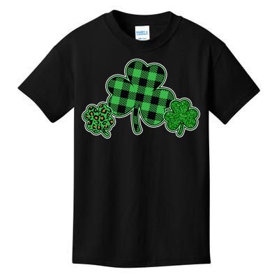 Cute St Patrick's Day Plaid Leopard Print Shamrocks Clovers Kids T-Shirt