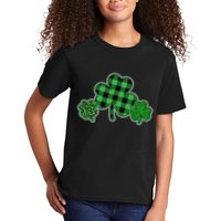Cute St Patrick's Day Plaid Leopard Print Shamrocks Clovers Kids T-Shirt