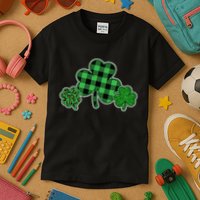 Cute St Patrick's Day Plaid Leopard Print Shamrocks Clovers Kids T-Shirt